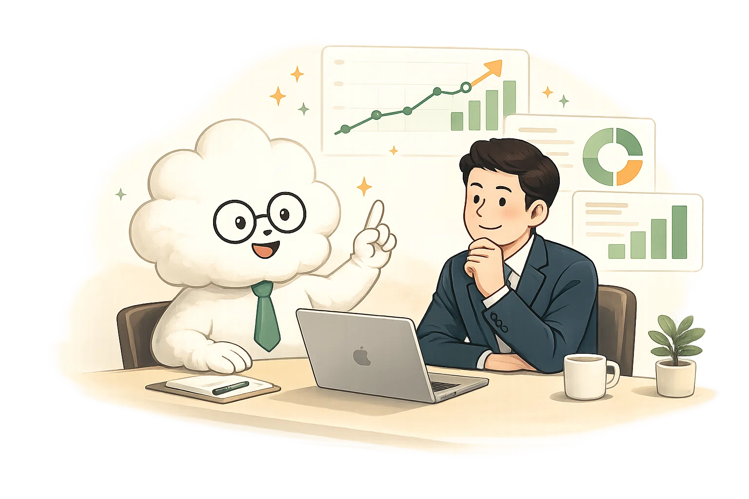 Mamuuのマスコットと担当者が広告データを分析している様子